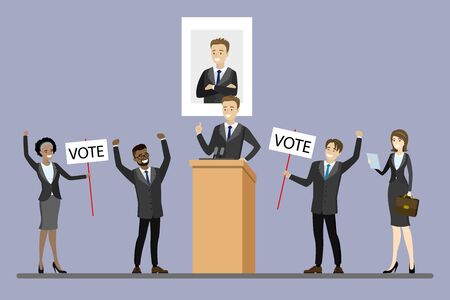 Election campaign of candidate,Male politician standing at tribune,flat vector illustration.のイラスト素材