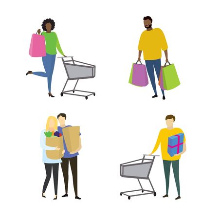 Different people buyers with shopiing bags,shopping concepts collection in trendy style,isolated on white background,vector illustration flat designのイラスト素材