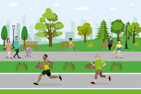 Public park and different active people,city buildings on background,flat vector illustrationのイラスト素材