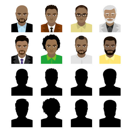 African american male avatars and black silhouette,isolated on white background,flat  illustrationのイラスト素材