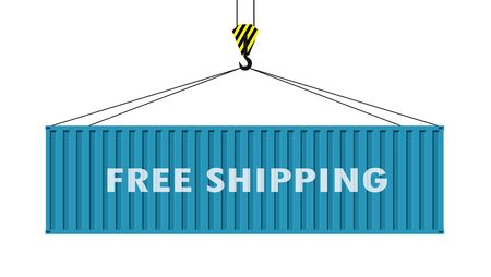 Blue cargo container hanging on a crane hook ,free shipping -text on facade view,isolated on white background,flat vector illustrationのイラスト素材