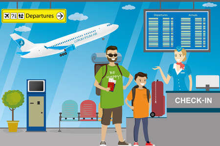 People in airport,check-in desk with happy woman, terminal furniture and interior,airplane takeoff,flat vector illustrationのイラスト素材