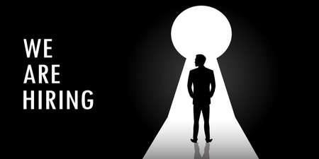 Businessman silhouette standing front of door keyhole,We are hiring banner design concept.Stock vector illustrationのイラスト素材