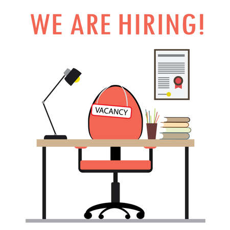 Work Desk, Flat Design Objects,workplace isolated on white background, sign vacancy and inscription we're hiring,Hiring and Recruiting Concept,vector illustrationのイラスト素材