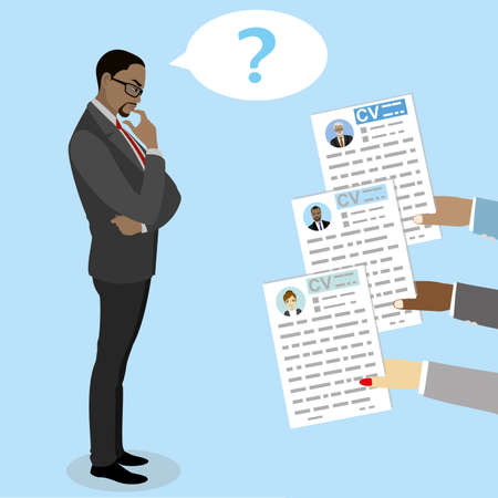 African american Businessman makes a choice between CV candidates, hiring concept, flat vector illustrationのイラスト素材