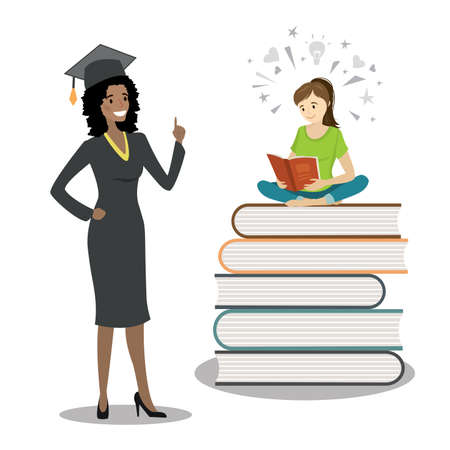 Happy african american female graduate in cloak and graduation cap and female teenager sitting on books and reading. Concept of education.Isolated on white background, flat Vector illustration.のイラスト素材
