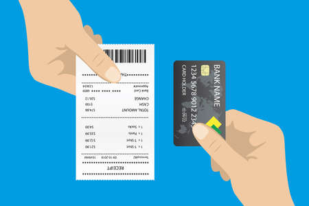 One hand give Receipt bill paper invoice and second hand holding credit card,design template,flat...