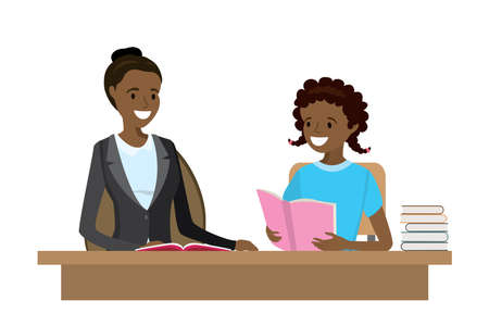 African american Woman teacher tutor,tutoring girl kid at home,mother helping dauther with homework, isolated on white background,flat vector illustrationのイラスト素材