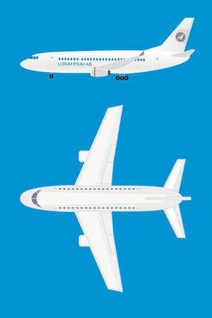 White Airplane top view and profile view,isolated on blue background,vector illustration.のイラスト素材