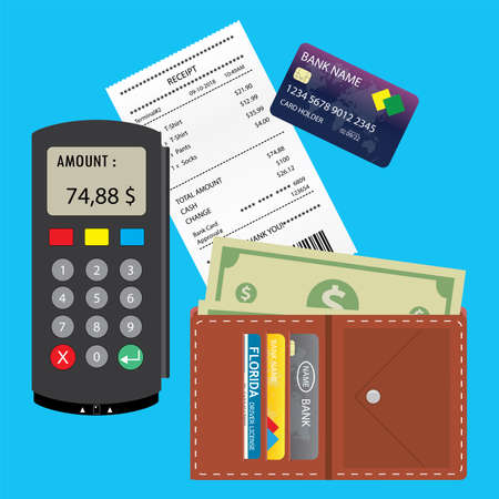 POS terminal,Blank receipt,wallet with money and credit card,on blue background,flat vector illustrationのイラスト素材