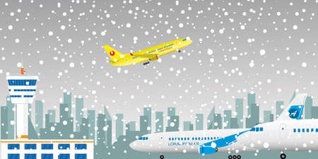 Snowfall in airport.Airport building and control tower,Winter weather concept.Flat vector illustrationのイラスト素材