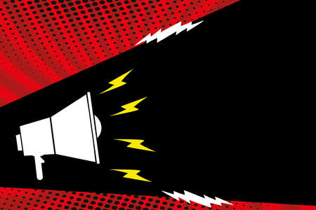 White megaphone with lightning and place for your text, comic pop art design, retro style background or banner template. Stock vector illustration.のイラスト素材