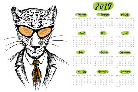 Calendar 2019 with Funny hipster cheetah, hand drawn wild animal, stock vector illustrationのイラスト素材