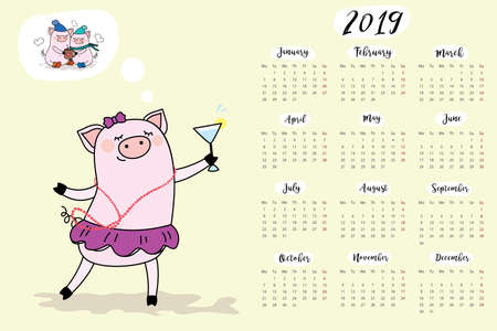 Calendar 2019 with Funny and cute pig, pork symbol of new year, stock vector illustrationのイラスト素材