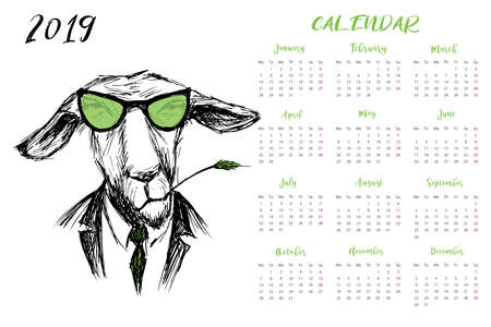 Calendar 2019 with Funny hipster donkey, hand drawn animal, stock vector illustrationのイラスト素材