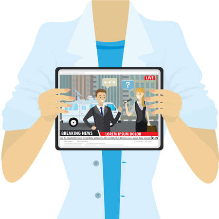 Female holding tablet pc, TV report or breaking news on the screen, flat vector illustrationのイラスト素材