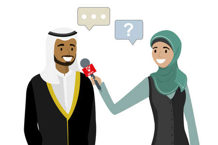 Female television reporter with microphone interviews arabic businessman in traditional clothes, speech bubbles, isolated on white background, flat vector illustrationのイラスト素材