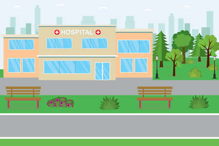 Hospital building and park near, flat vector illustrationのイラスト素材