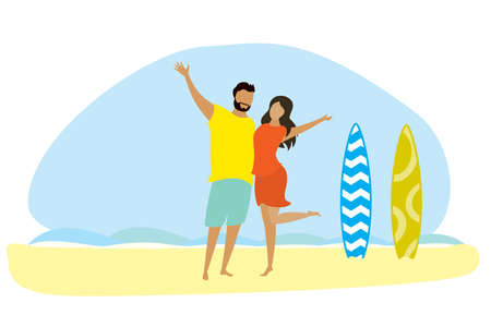 Happy couple in love on ocean beach and two surfboards, flat vector illustration in simple trendy styleのイラスト素材