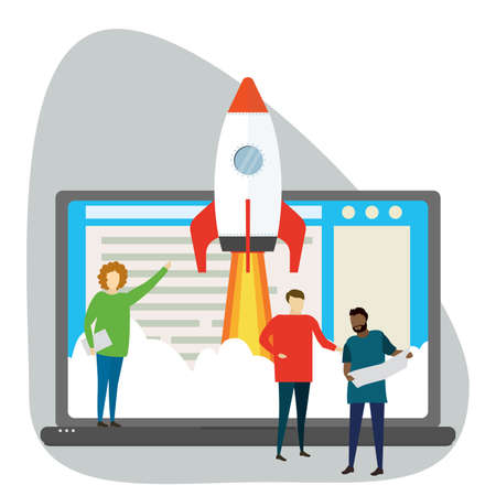 New business project, start up concept, people discuss workflows near big laptop and rocket taking off, business people in trendy simple style, vector illustration flat designのイラスト素材