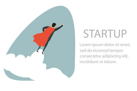 Businessman in red cloak fly in clouds like a super hero, strartup concept in simple trendy style, vector illustrationのイラスト素材