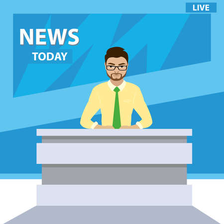 European or arabic male television host in modern studio, flat workplace, vector illustrationのイラスト素材