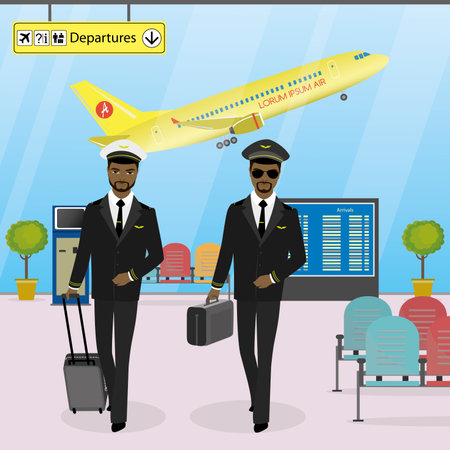 Cabin crew walks on an modern airport with luggage, pilots in uniform, airport interior and furniture, cartoon vector illustrationのイラスト素材