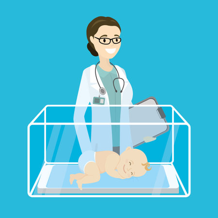 Caucasian female pediatrician doctor little newborn baby, flat vector illustrationのイラスト素材