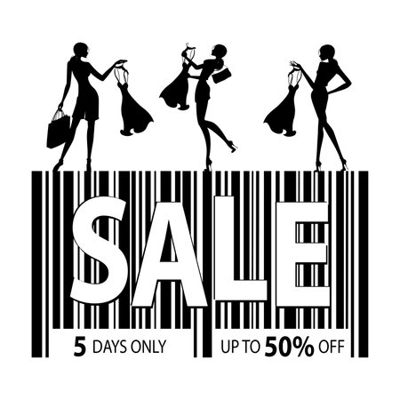 Barcode icon with text sale and black silhouettes of women with shopping bags and dress, shopping and sale concept, isolated on white background, stock vector illustration.のイラスト素材