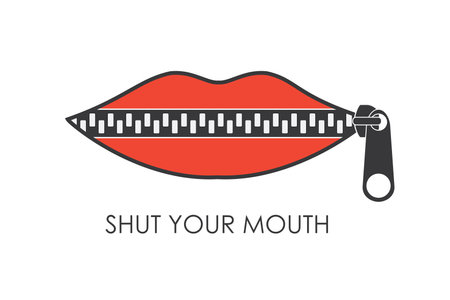 Shut your mouth concept. Red Lips zipped. Woman's mouth with zipper closing lips shut.Isolated on white background.Vector illustrationのイラスト素材