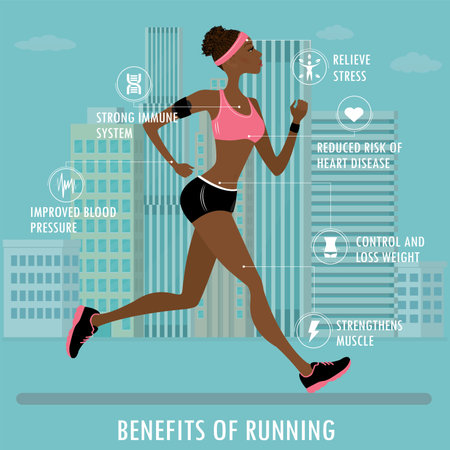Benefits of jogging- fitness, sport and healthcare concept, Running african american female and white icons and signs, city view on background, stock vector illustrationのイラスト素材