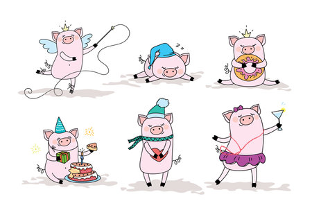 Set of cute pigs, piggy in different poses and situations, symbol of 2019 year, isolated on white background, vector illustrationのイラスト素材
