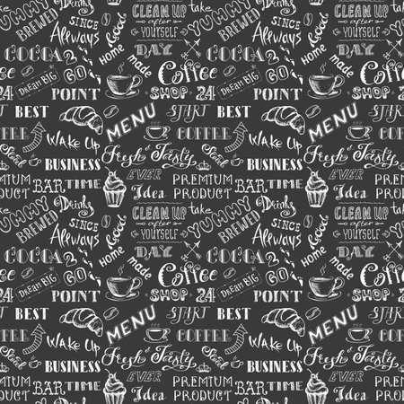Seamless pattern background with coffee sign and letters, hand drawn on blackboard, vector illustrationのイラスト素材