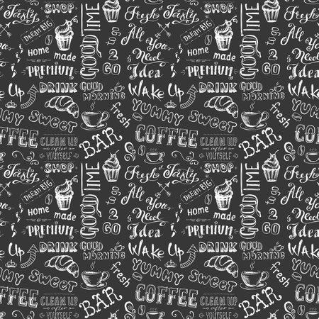 Seamless pattern with hand drawn coffee elements -lettering, text, cups, mugs and beans.Black and white Vector illustrationのイラスト素材
