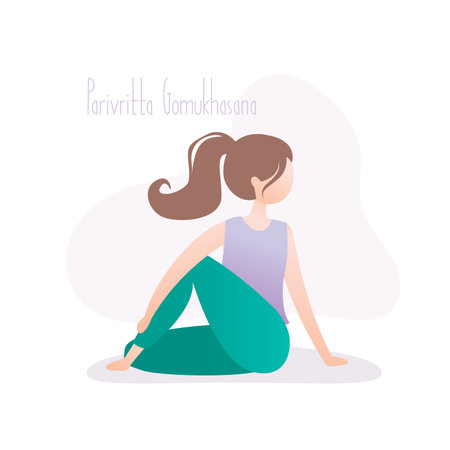 Girl sitting in yoga pose, asana in hatha yoga, vector illustration in trendy styleのイラスト素材