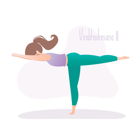 Girl doing yoga pose, Warrior Pose three or Virabhadrasana asana in hatha yoga, vector illustration in trendy styleのイラスト素材