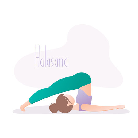 Woman doing yoga pose, Plow Pose or Halasana asana in hatha yoga, vector illustration in trendy styleのイラスト素材