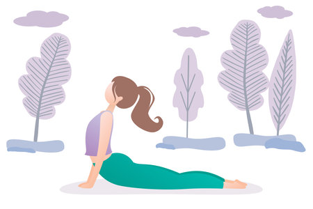 Girl doing yoga pose, hatha yoga in park, vector illustration in trendy styleのイラスト素材