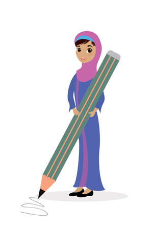 Happy arabic schoolgirl with big pencil, cute muslim female character in traditional clothes, isolated on white background, flat vector illustrationのイラスト素材