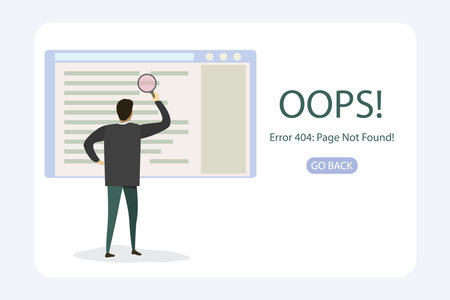 404 Error page template, businessman with magnifying glass, male character back view, vector illustration in trendy styleのイラスト素材