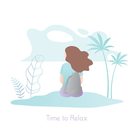 Girl with backpack sitting in nature, female character back view, park or beach on background, time to relax, travel banner, vector illustration in trendy styleのイラスト素材