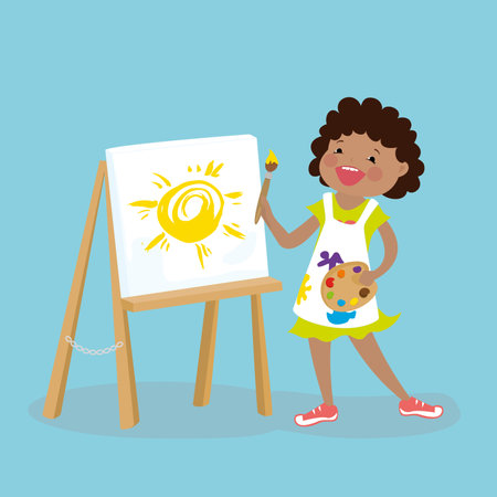 Cute kid girl painter, happy female child character with with a brush and paints, flat vector illustrationのイラスト素材