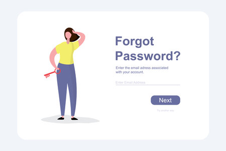 Cute female with the key in hand, forgot password-text, security web page template, flat vector illustrationのイラスト素材