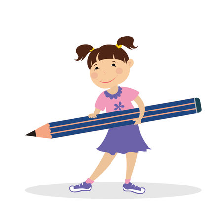 Funny girl kid with pencil in hands, isolated on white background, flat vector illustrationのイラスト素材