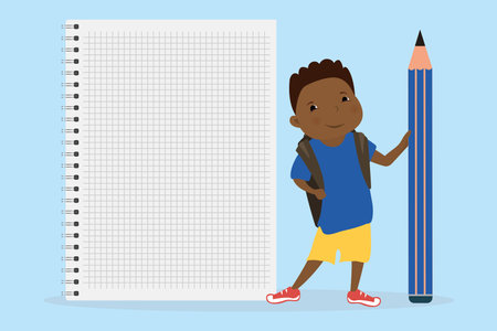 Happy african american kid schoolboy with big pencil and school bag, empty notebook page, flat vector illustrationのイラスト素材
