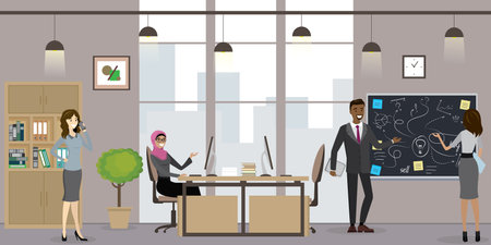 Group of business people or office workers in modern office, workplace interior with furniture, business team, blackboard with business signs, flat vector illustrationのイラスト素材