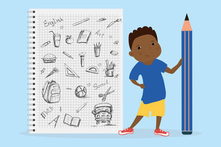 Happy african american kid schoolboy with big pencil and school bag, notebook page with hand drawn school elements and signs, flat vector illustrationのイラスト素材