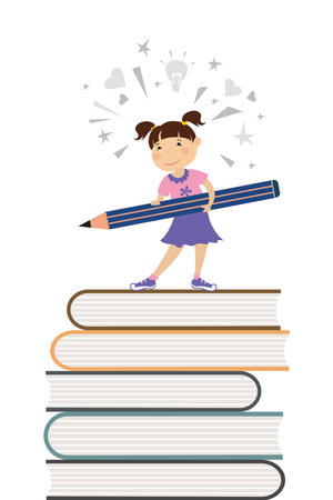 Cute caucasian kid girl with pencil standing on books, learning process concept, isolated on white background, flat vector illustrationのイラスト素材