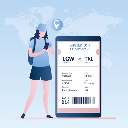 Female traveler with smartphone, online check-in, Airline boarding pass ticket with barcode code.Vector illustration in trendy styleのイラスト素材