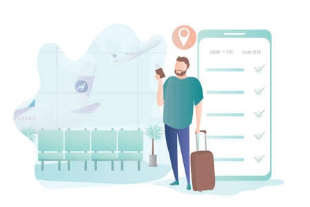 Hipster male with suitcase and tickets, big smartphone with online check-in on screen, airport interior with furniture.のイラスト素材
